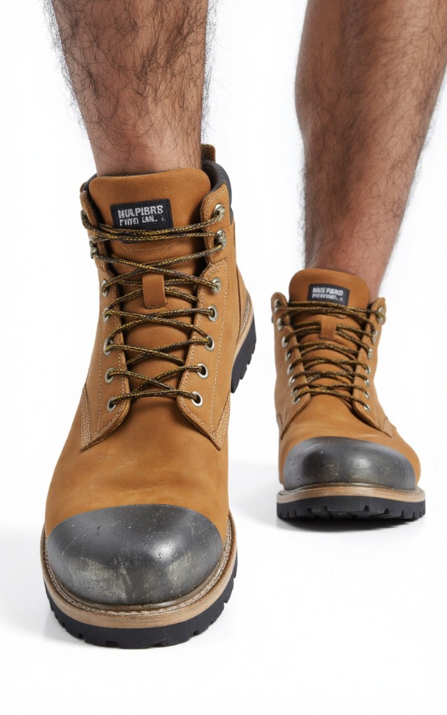 A male model wearing Work boots with steel   toe   caps, against a white background, with a close   up of the feet